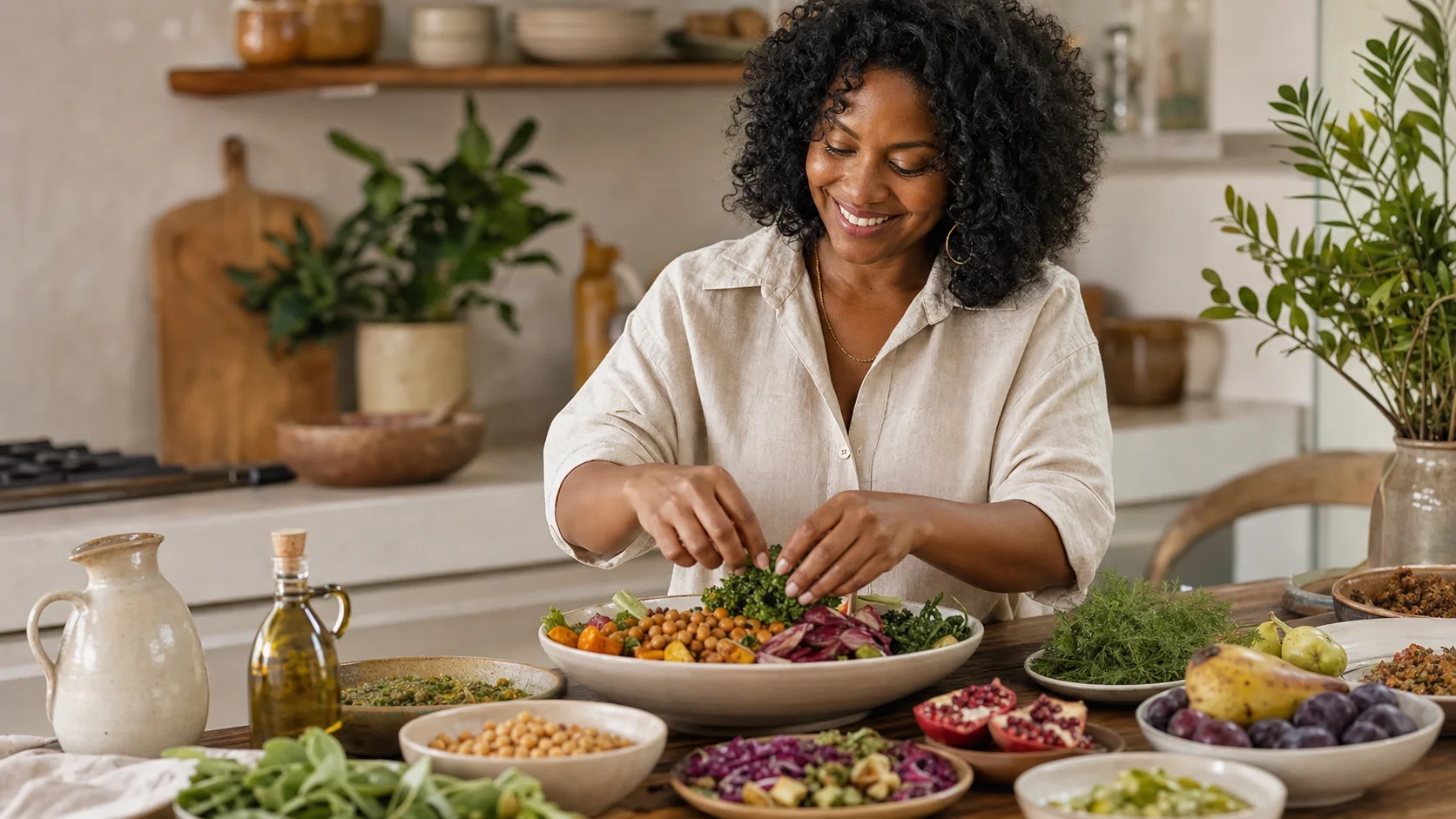 A woman prepares a colourful meal with greens, grains and fruit in a warm kitchen.