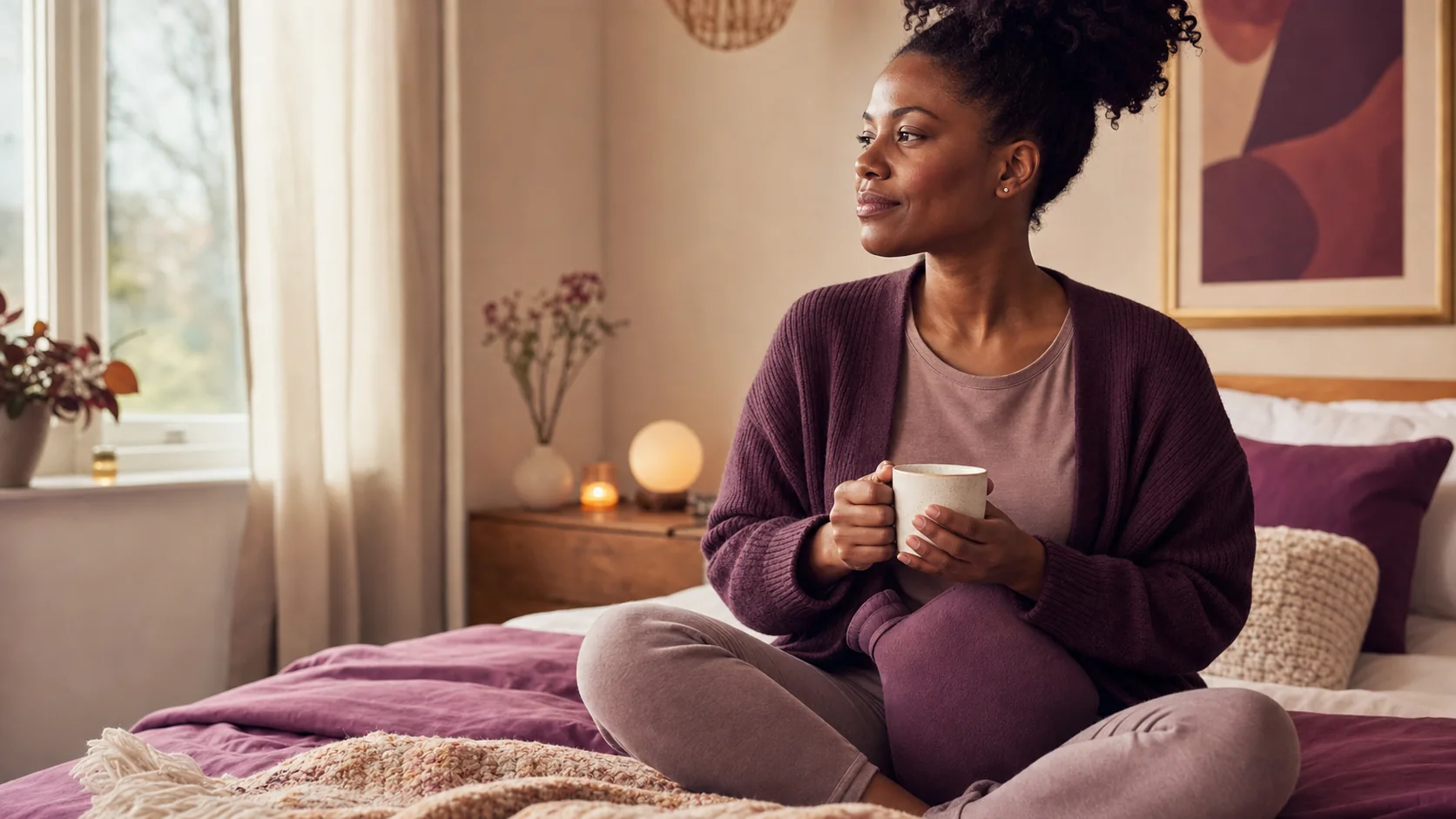 An adult woman sits calmly with a warm mug in a softly lit bedroom.