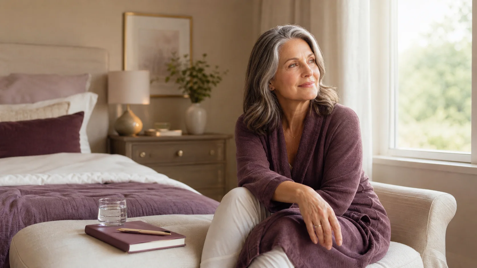 A confident midlife woman sits by a bedroom window in soft morning light.