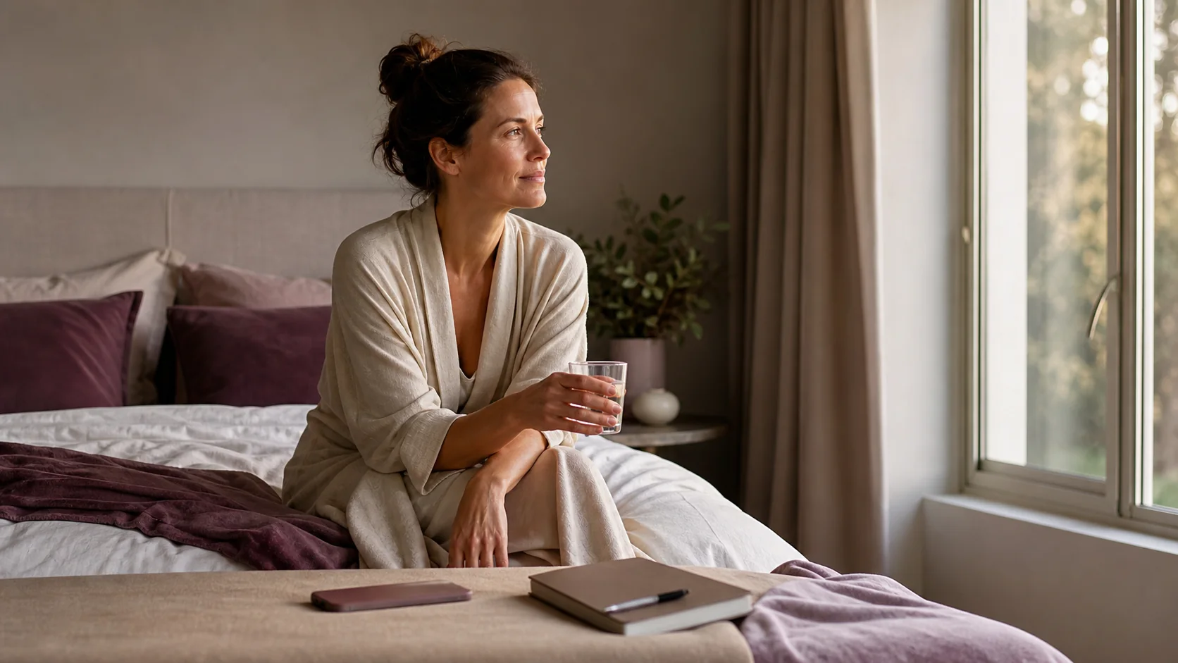 A woman sits by a bedroom window with water and a journal in soft morning light.