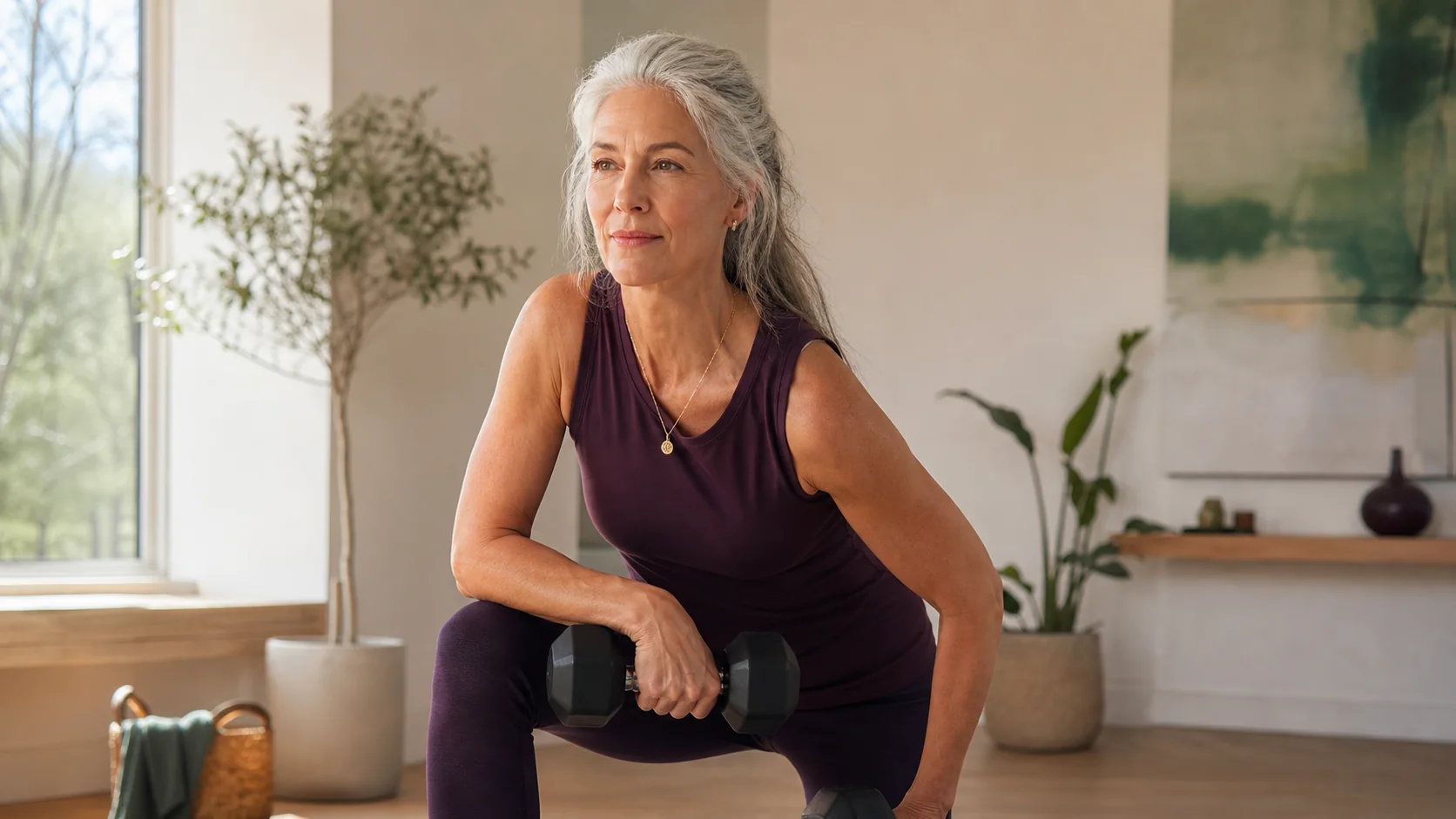 A strong woman over fifty lifts dumbbells in a warm minimal home studio.