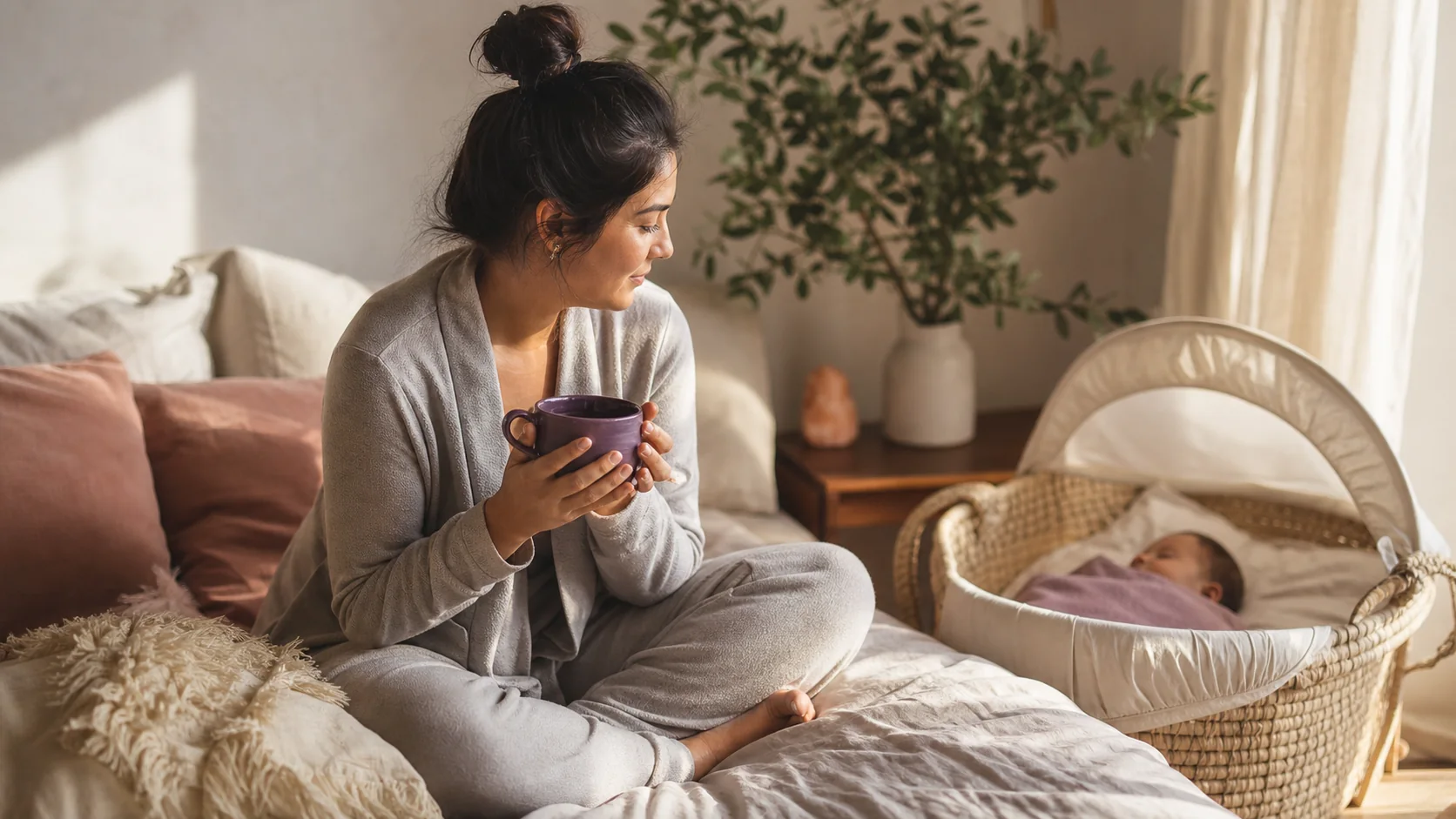 A new mother rests with a warm mug while her baby sleeps nearby in morning light.