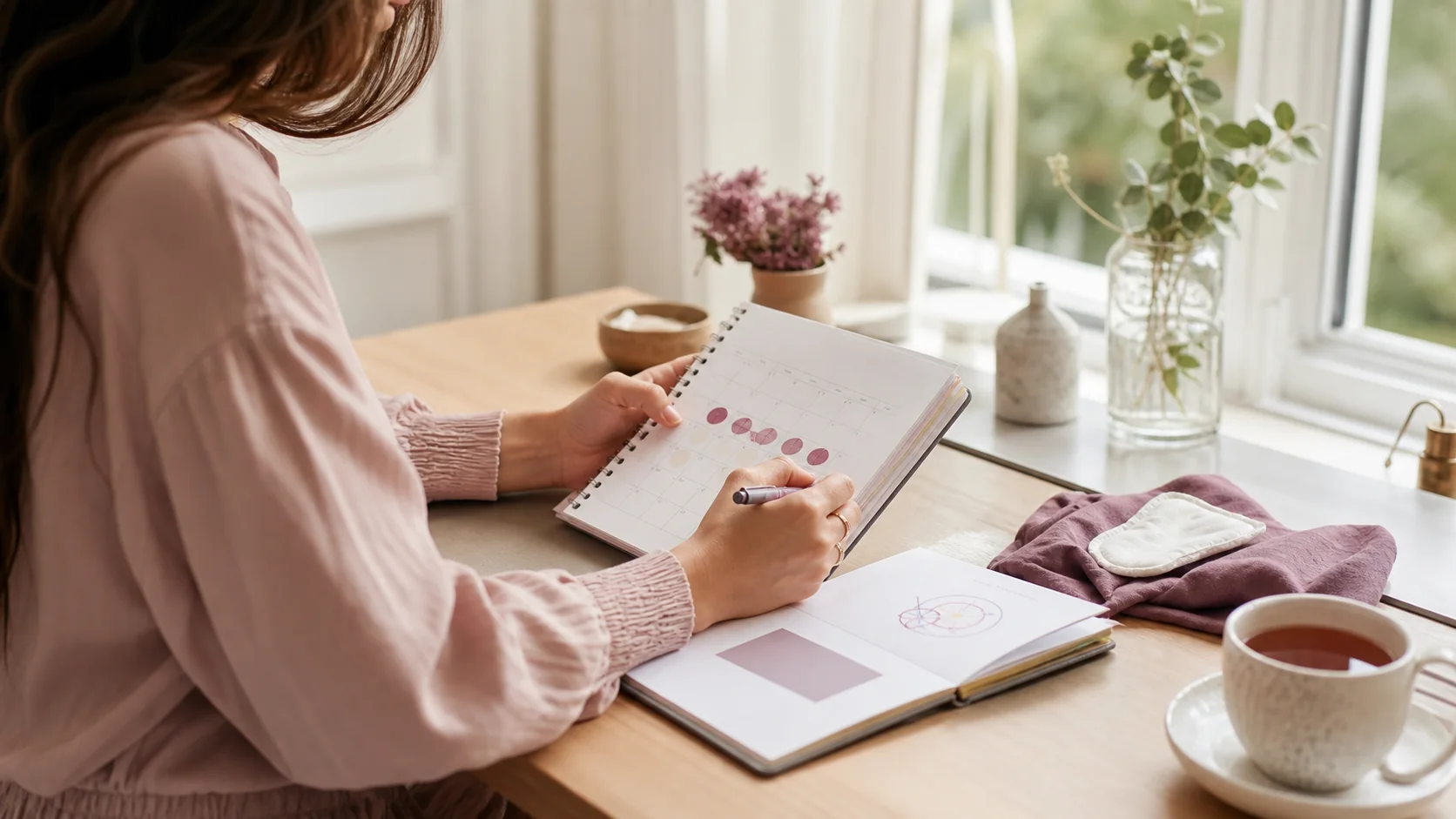 A woman tracks her menstrual cycle in a journal beside tea and soft daylight.