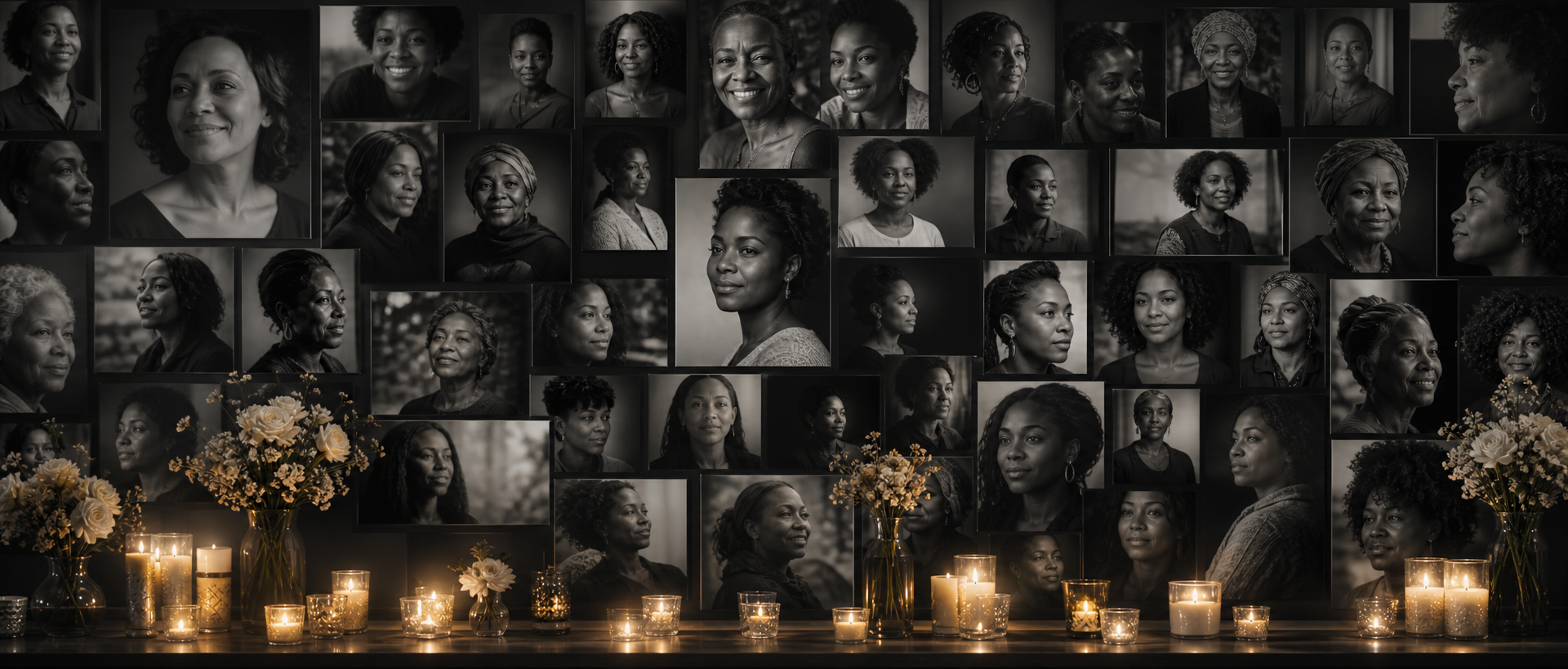 A black-and-white memorial wall of indistinct women with candlelight.
